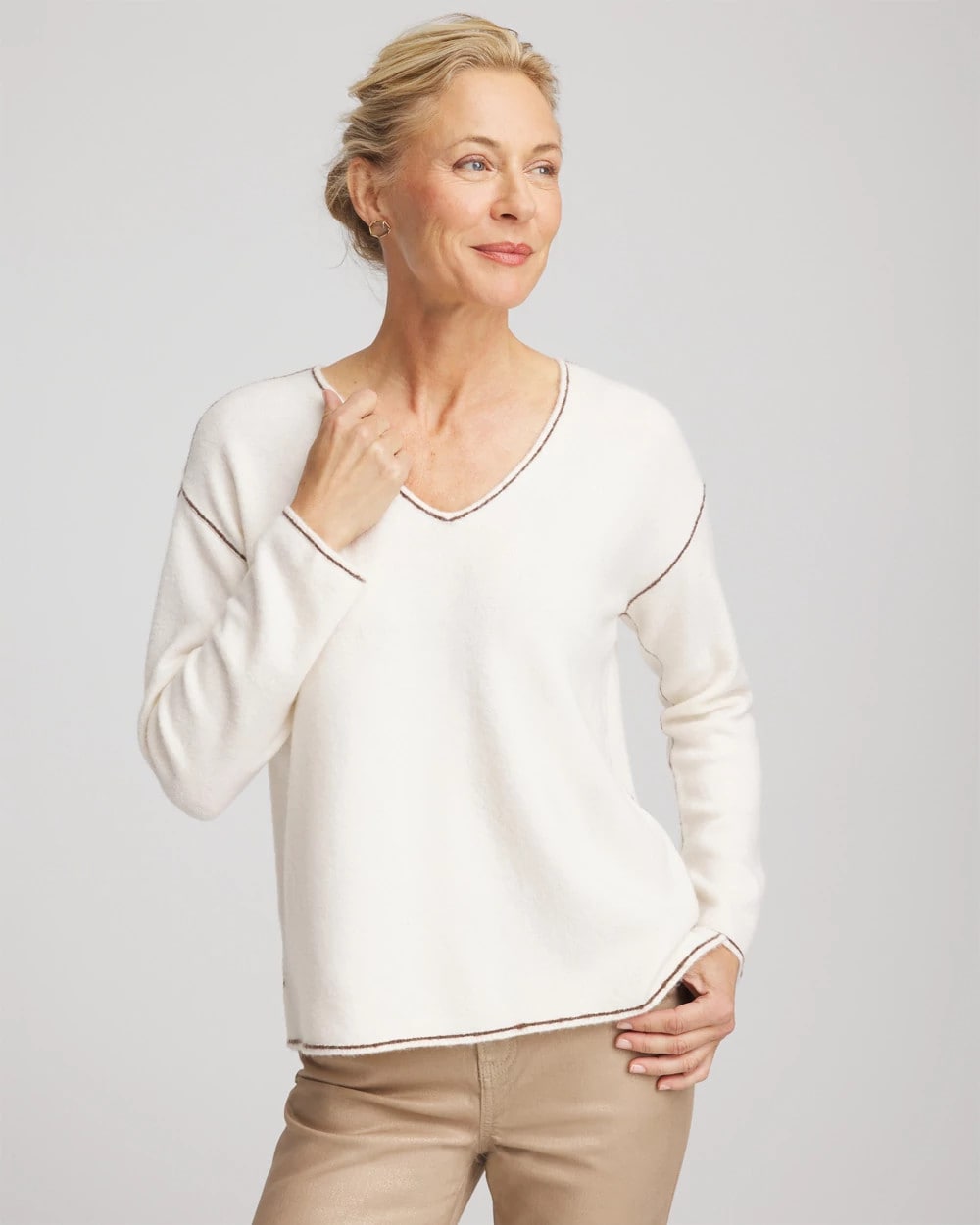 Contrast Stitch V-Neck Sweater English Cream - Chico's