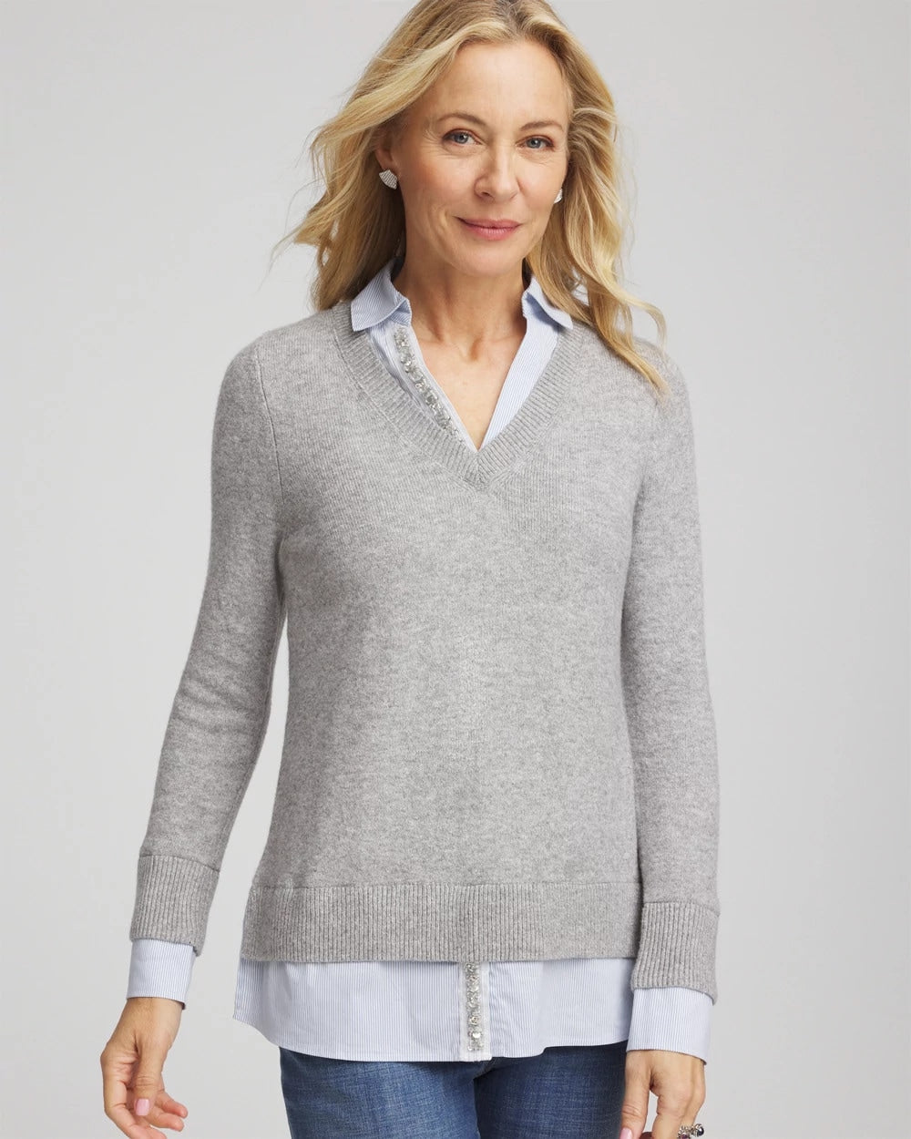 Sequin Built-In Shirt Knit Sweater Gray - Chico's