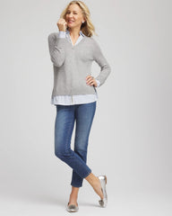Sequin Built-In Shirt Knit Sweater Gray - Chico's