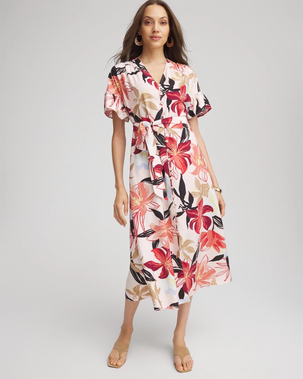 Tonal Floral Ruffle-Sleeved Midi Dress Multi - Chico's