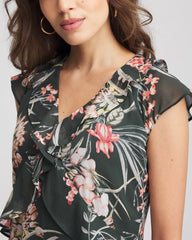Floral Ruffle-Trim Chiffon Dress Darkest Spruce - Chico's