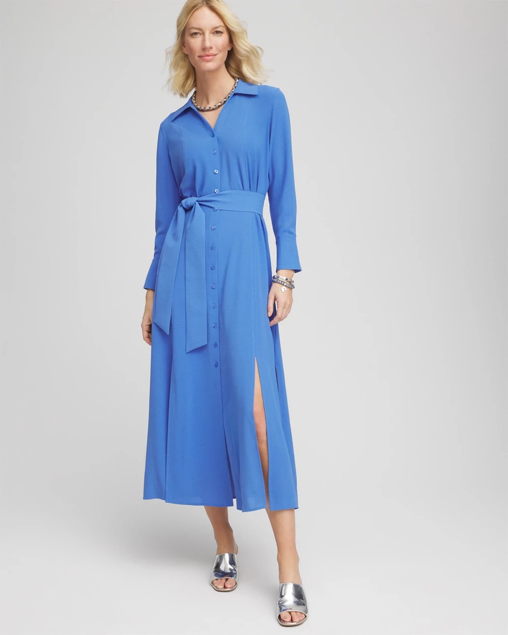 Belted Split Hem Maxi Shirtdress Blue Pearl - Chico's