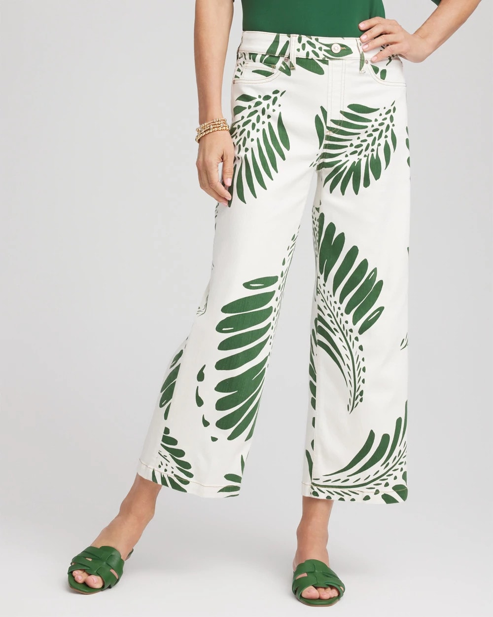 Palm-Frond-Motif Pull-On Wide-Leg Cropped Jeans Ecru - Chico's