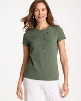 Embellished Cotton Stretch Cap-Sleeve Tee Kelp Forest - Chico's