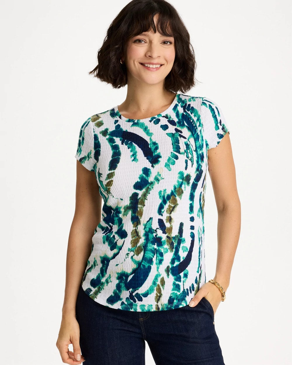 Printed Textured Knit Cap Sleeve Tee Topanga Green - Chico's