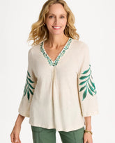 Linen Palm Embroidered Pleated Tee Natural Cream - Chico's