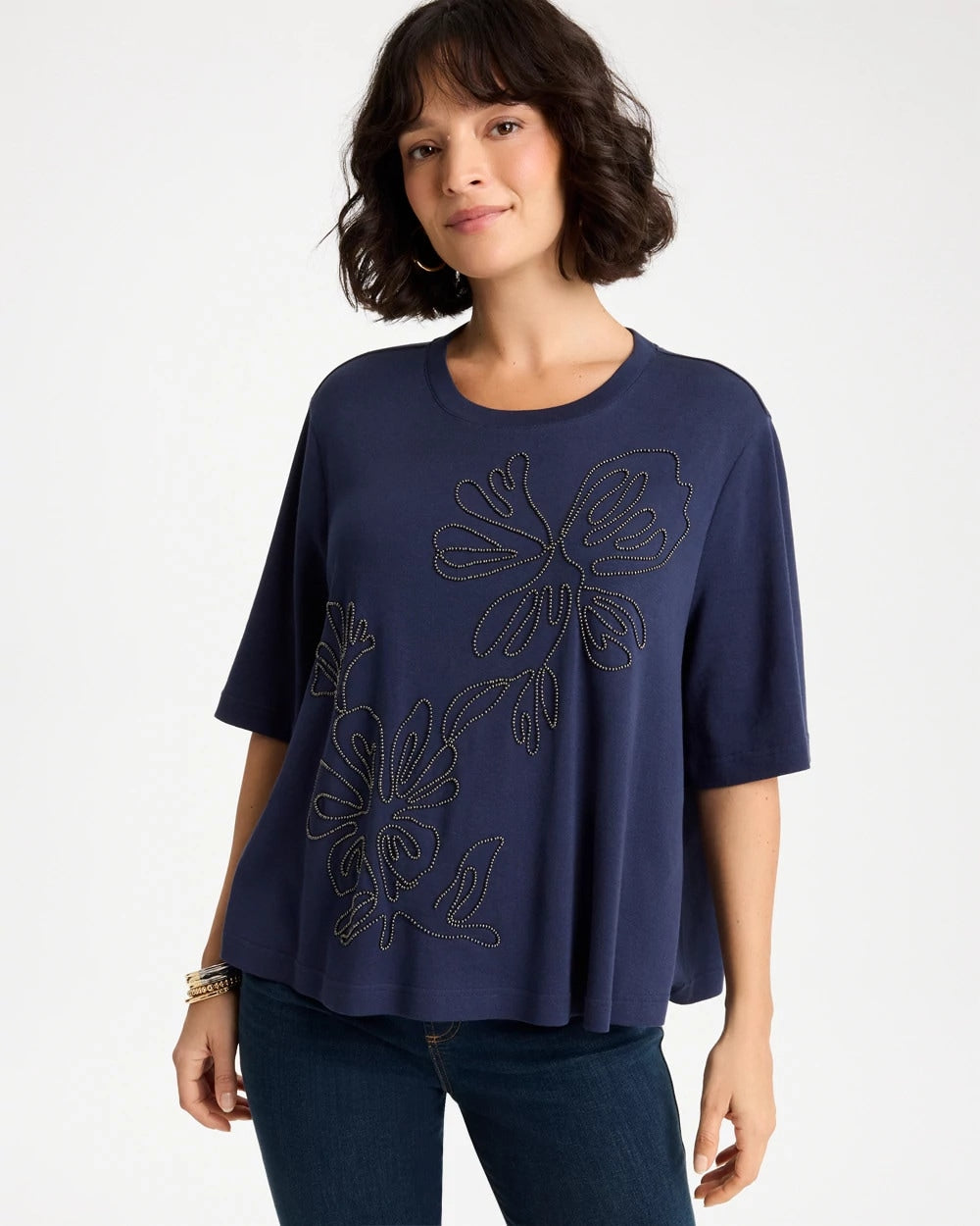 Caviar Beaded Cotton Tee Passport Blue - Chico's