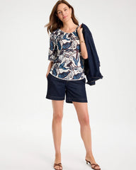 Printed Linen Fringed Tee Passport Blue - Chico's