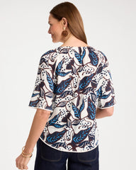 Printed Linen Fringed Tee Passport Blue - Chico's