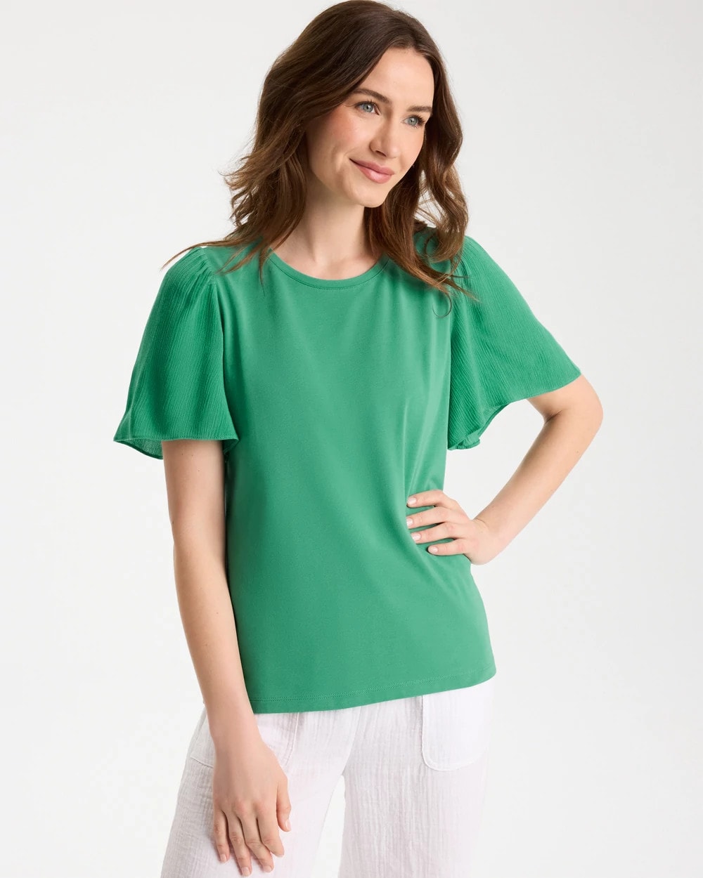 Gauze Sleeve Soft-Stretch Tee Green Clover - Chico's