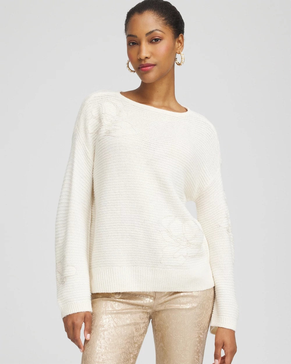 Tonal Embroidered Boatneck Pullover Sweater English Cream - Chico's
