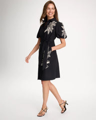 Embroidered Poplin Cotton Belted Dress Black - Chico's