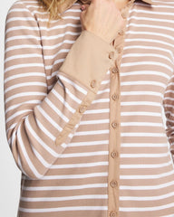 Striped Collared Rib Mix Henley Cattail Brown - Chico's