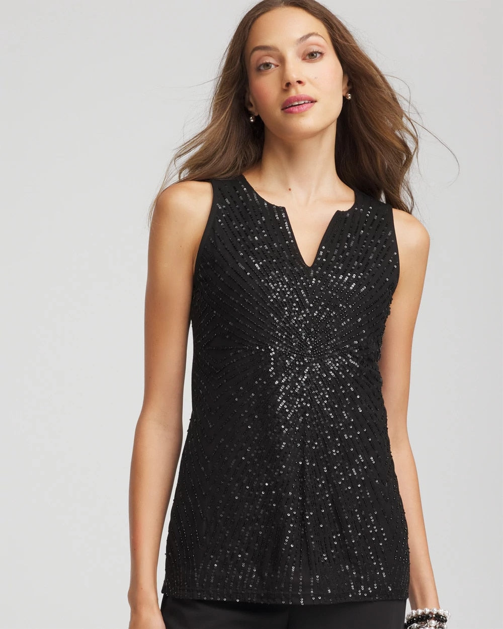 Sequin Beaded Notch Neck Tank Black - Chico's