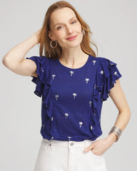 Foiled Flutter-Sleeve Linen Tee Blue Casa - Chico's