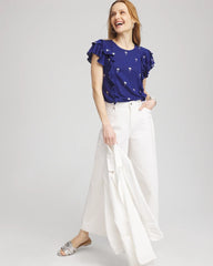 Foiled Flutter-Sleeve Linen Tee Blue Casa - Chico's