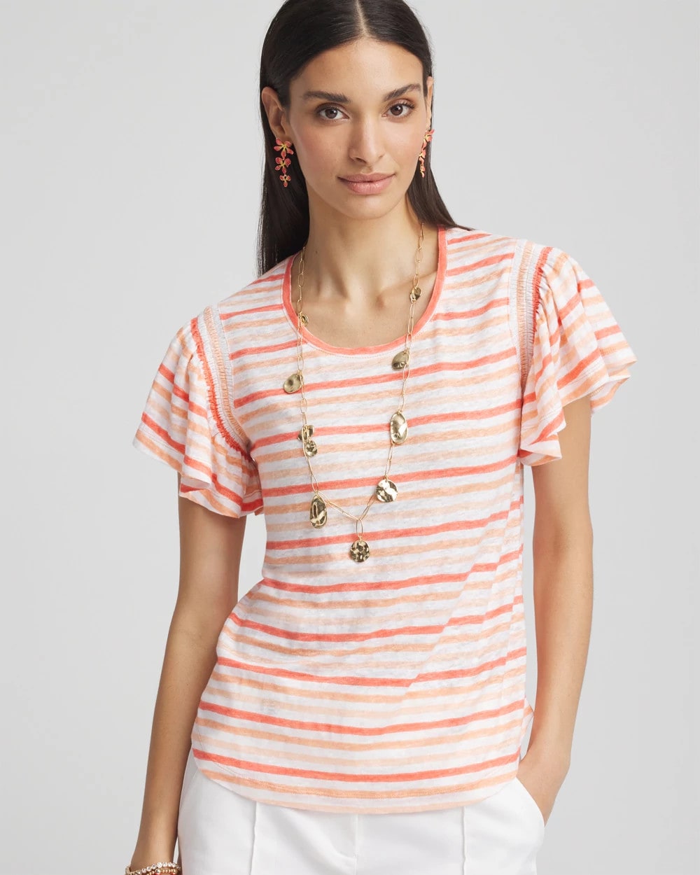 Striped Linen Smocked Flutter-Sleeved Tee Melon Mambo - Chico's