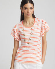 Striped Linen Smocked Flutter-Sleeved Tee Melon Mambo - Chico's