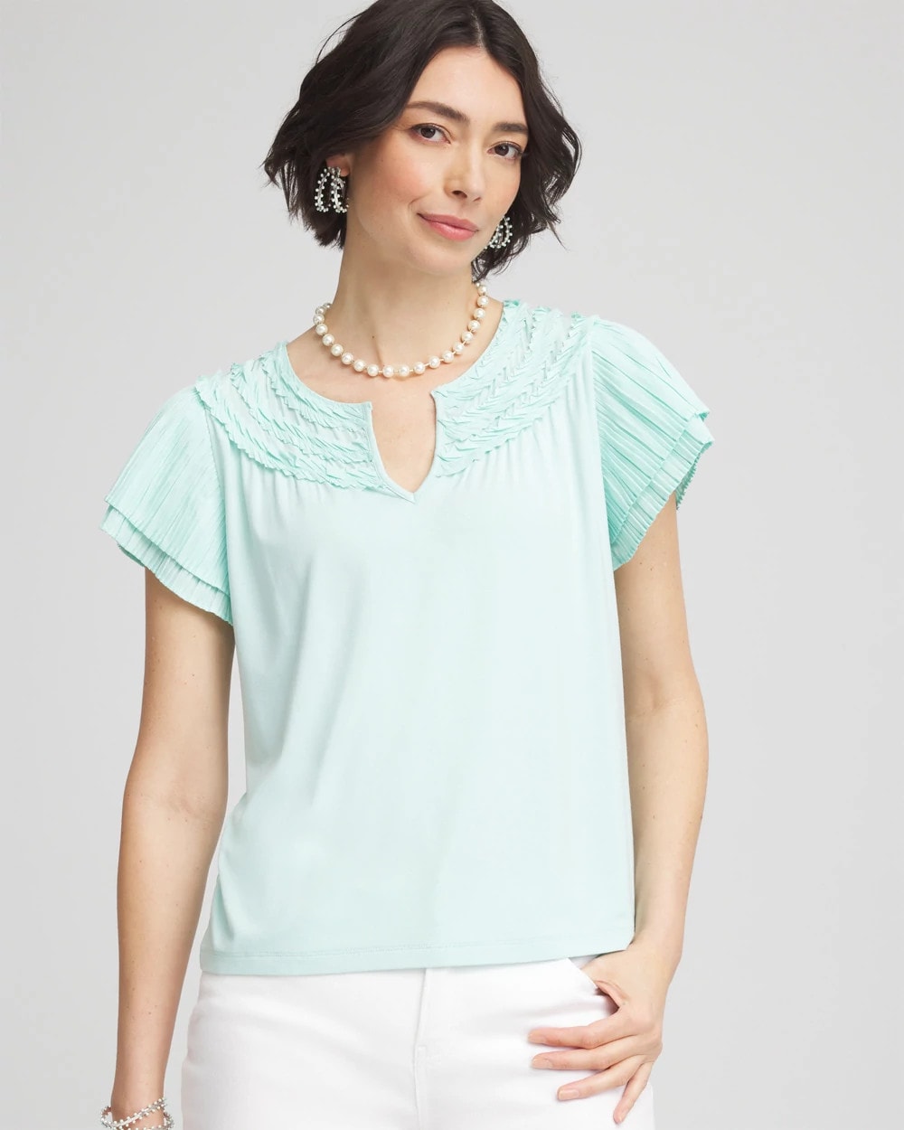 Touch of Cool™ Layered Pleated Flutter Tee Teal Waters - Chico's