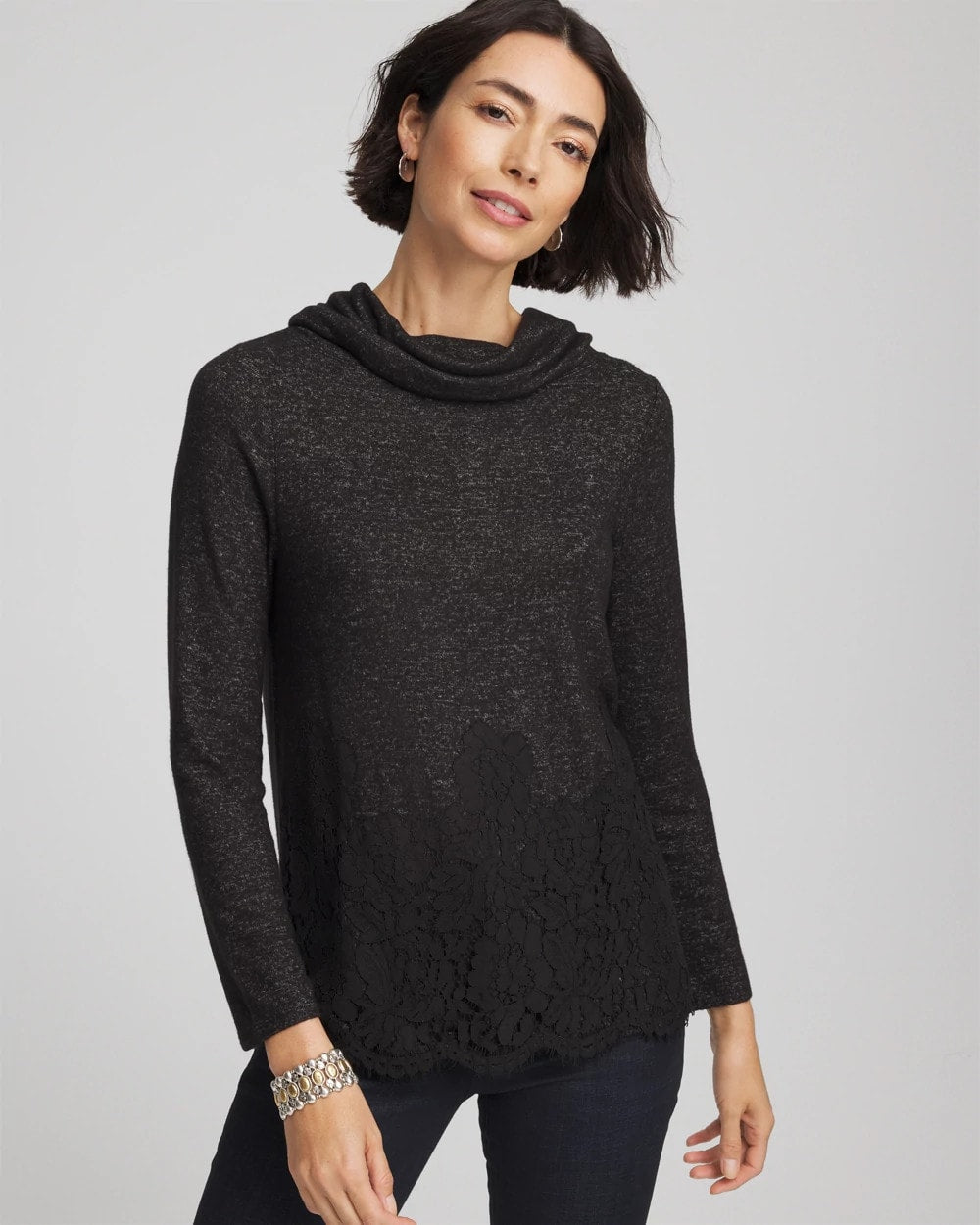 Lace Hem Cowlneck Top Black - Chico's