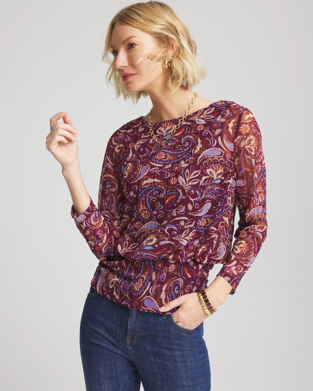 Paisley Textured Banded-Hem Top Deep Chianti - Chico's