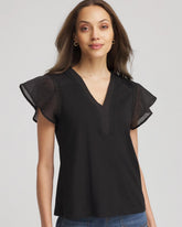 Pleated-Trim Flutter-Sleeve Tee Black - Chico's