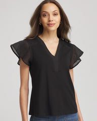 Pleated-Trim Flutter-Sleeve Tee Black - Chico's
