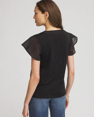 Pleated-Trim Flutter-Sleeve Tee Black - Chico's