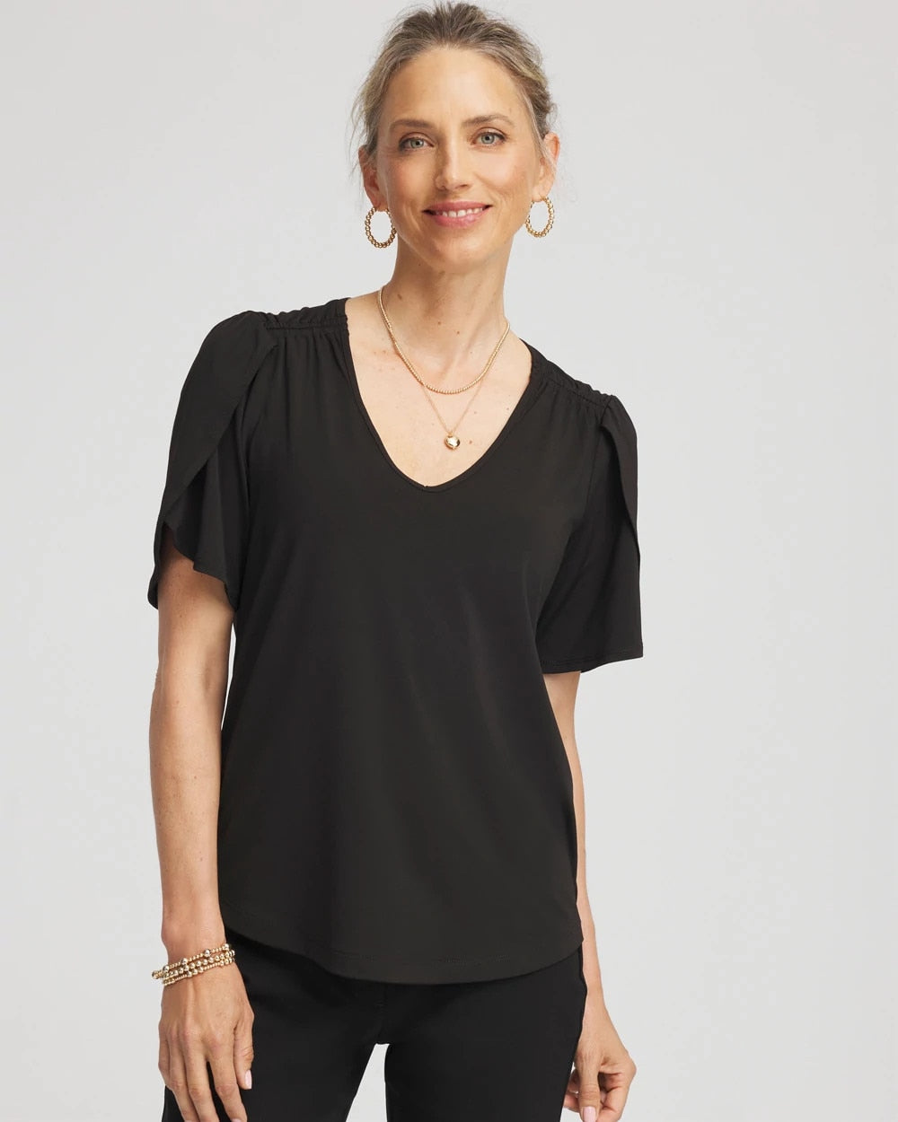 Petal-Sleeve Voop Neck Tee Black - Chico's
