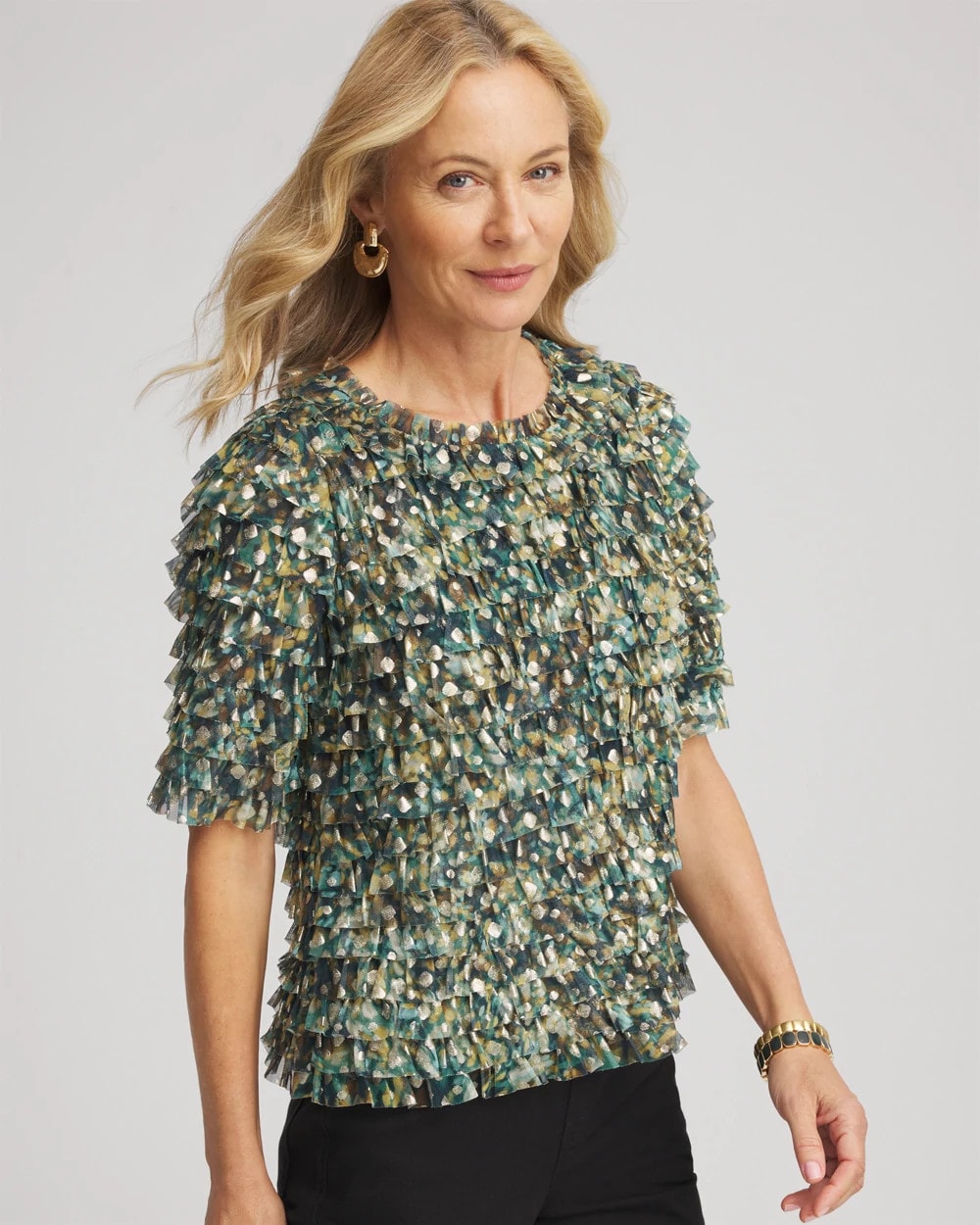 Foiled Mesh Ruffle Crop Tee Darkest Spruce - Chico's