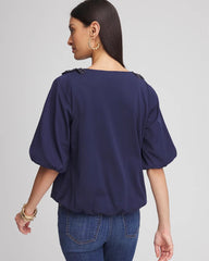 Bubble Hem Pleated Cotton Top Passport Blue - Chico's