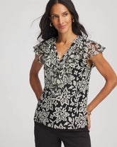 Lace Floral-Burnout Henley Tee Black - Chico's