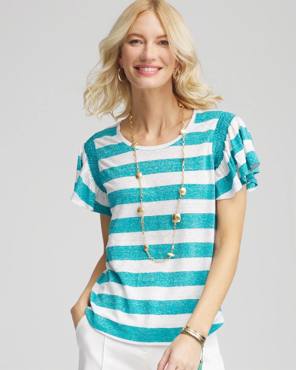 Linen Metallic Striped Flutter-Sleeve Tee Seaspray - Chico's