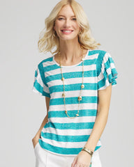 Linen Metallic Striped Flutter-Sleeve Tee Seaspray - Chico's