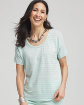 Striped Sweater-Trim Linen Tee Teal Waters - Chico's