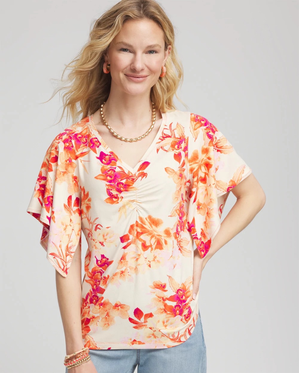 Touch of Cool™ Handkerchief-Sleeve V-Neck Tee Sunset Peach - Chico's
