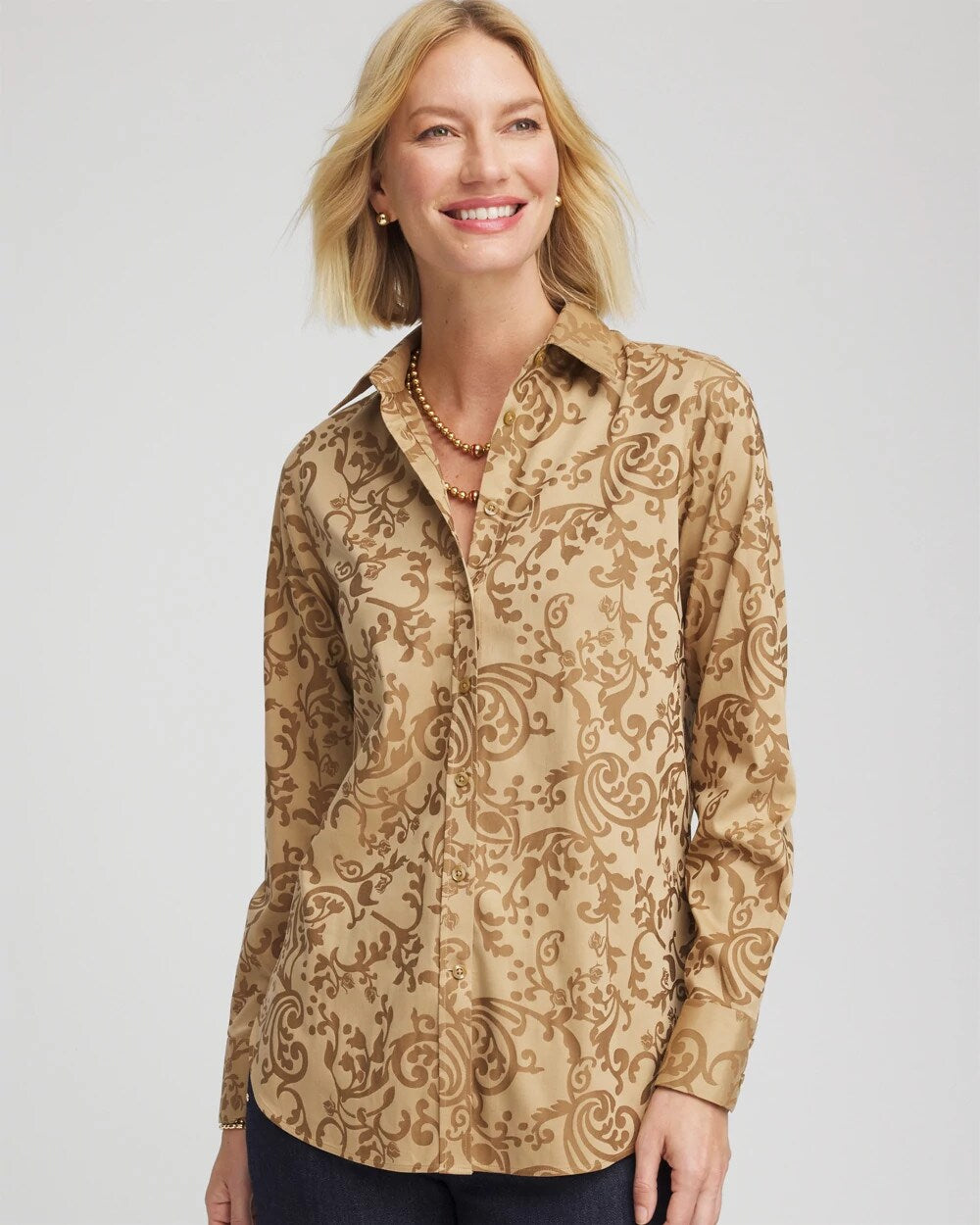 No Iron™ Jacquard Scrolls Shirt Gold - Chico's