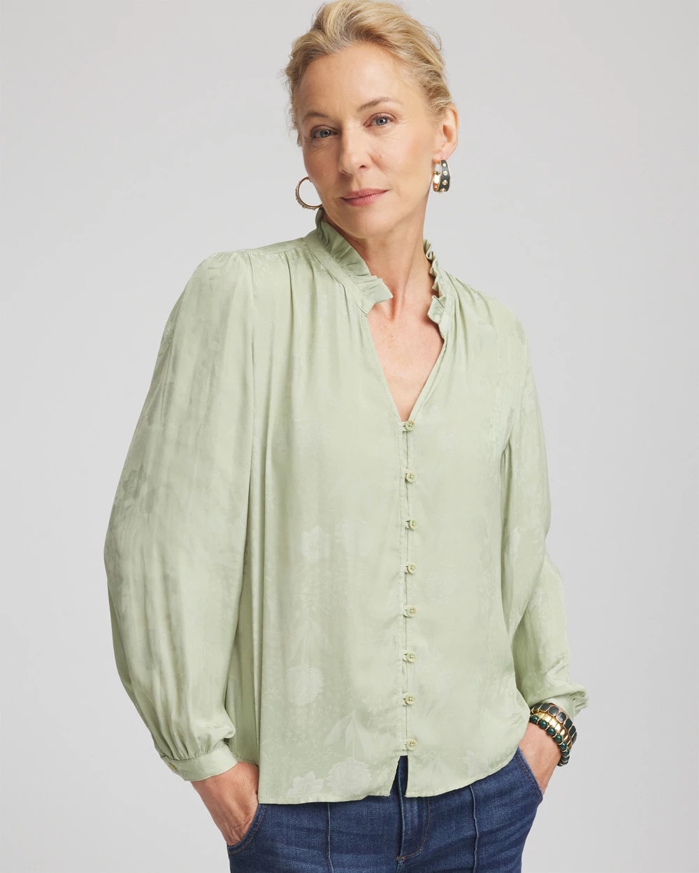 Jacquard Georgette Peasant Blouse Sage Meadow - Chico's