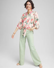 Floral Satin Tie-Front Pullover Top Coral Blossom - Chico's