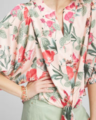 Floral Satin Tie-Front Pullover Top Coral Blossom - Chico's