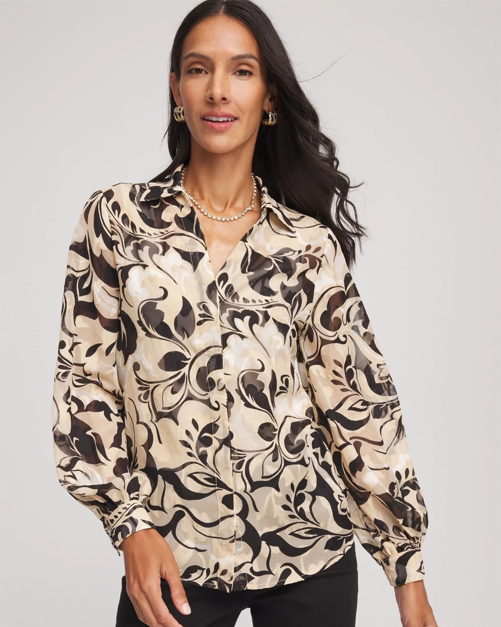 Floral Burnout Blouson-Sleeve Blouse Black - Chico's
