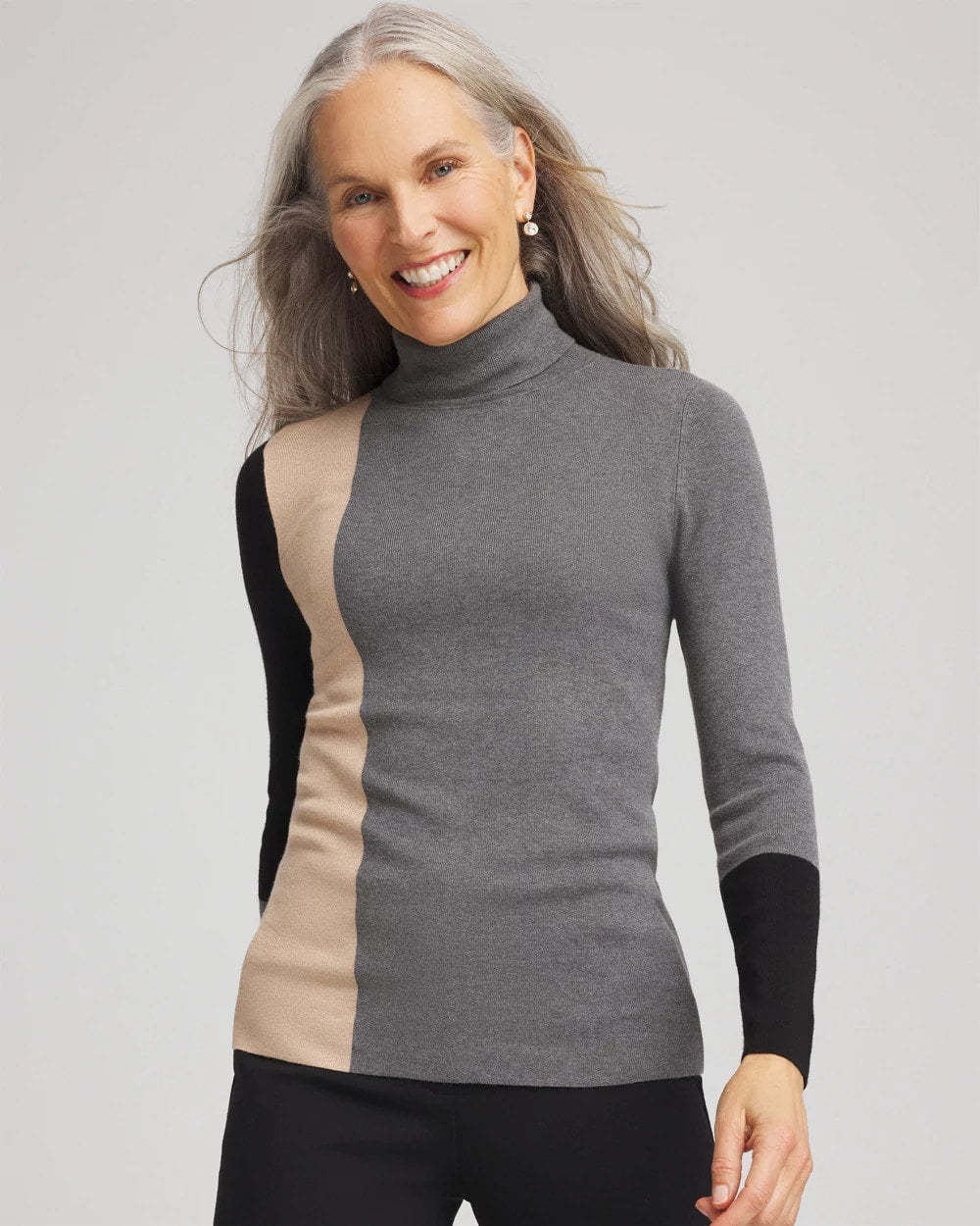 Ella Colorblock Intarsia Turtleneck Sweater Black - Chico's