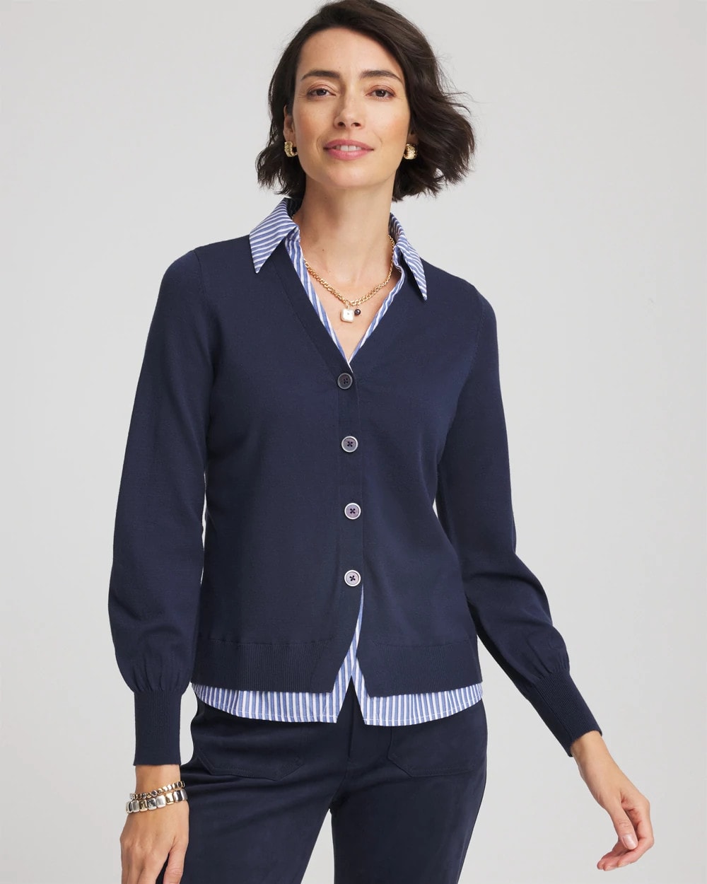 Striped Collared Cardigan Sweater Passport Blue - Chico's