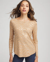 Ella Boatneck Foiled Pullover Sweater Faux Camel Heather - Chico's