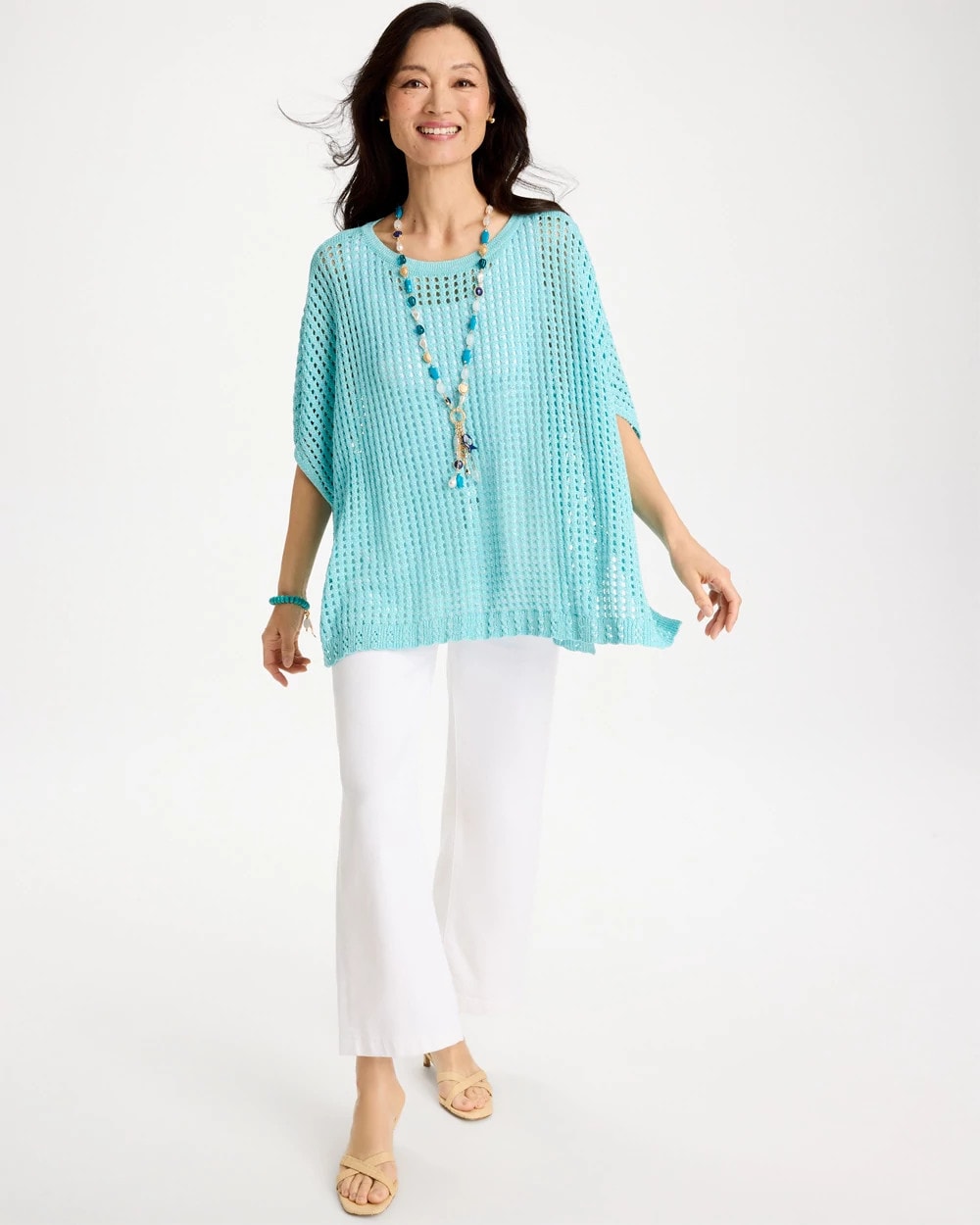 Lurex Open-Stitch Sweater Poncho Bondi Blue - Chico's