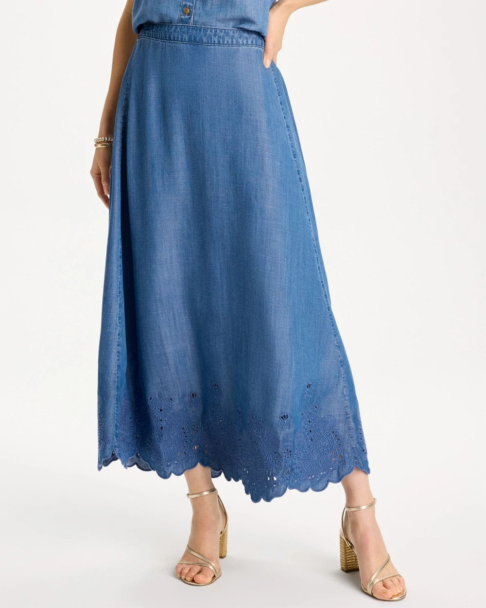 Indigo Twill Embroidered Hem Skirt Pearl Indigo - Chico's