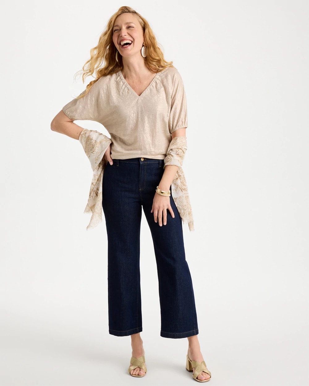Fog Foiled Linen Ruched V-Neck Tee Smokey Taupe - Chico's