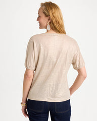 Fog Foiled Linen Ruched V-Neck Tee Smokey Taupe - Chico's
