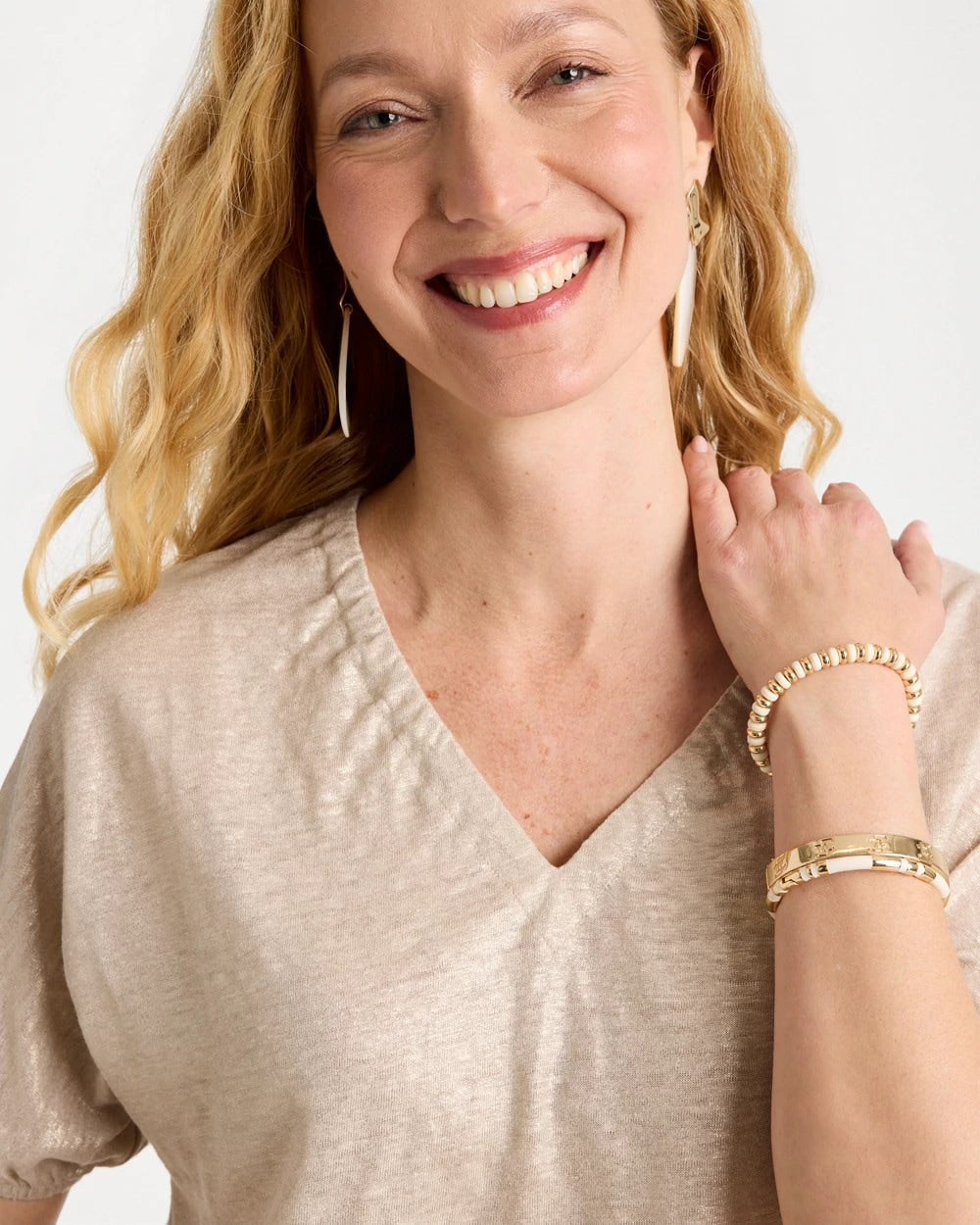 Fog Foiled Linen Ruched V-Neck Tee Smokey Taupe - Chico's