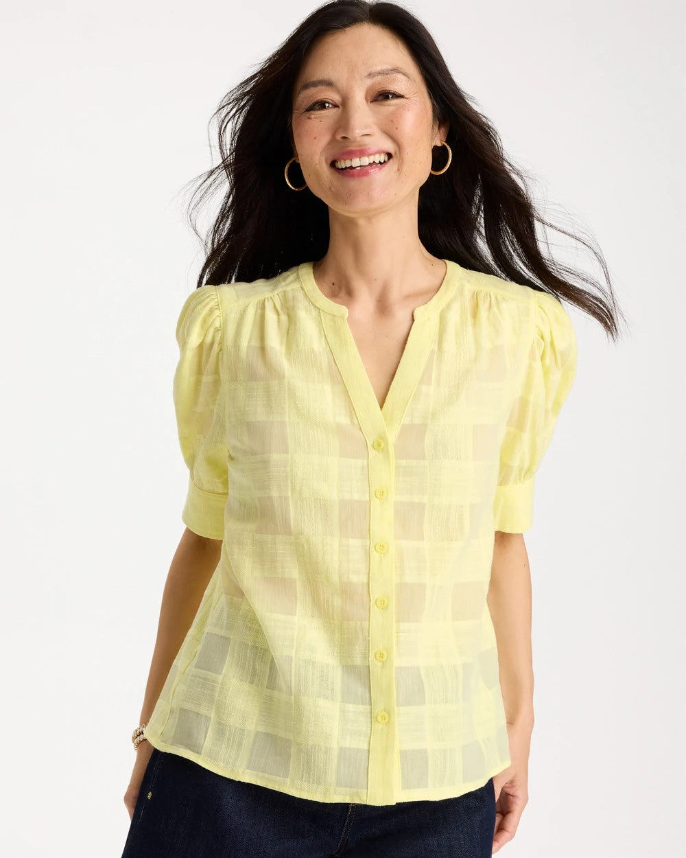 Cotton Plaid Elbow-Sleeve Shirt Sage Lime - Chico's
